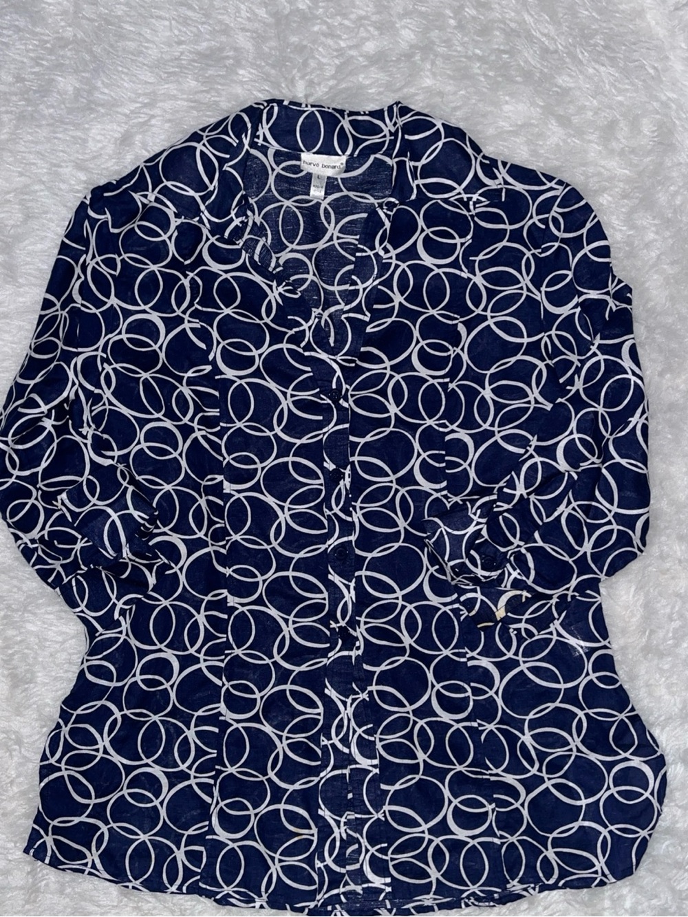 Harve Benard Navy and White Circle-Print Button Front Linen Blouse